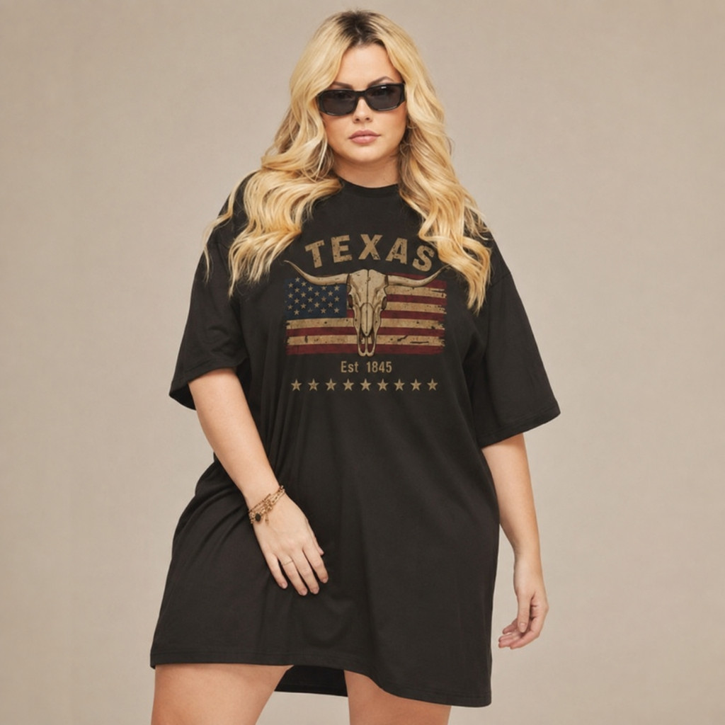 Camisetão Feminino Texas Oversized 100% Algodão Plus Size Estampado Confortável