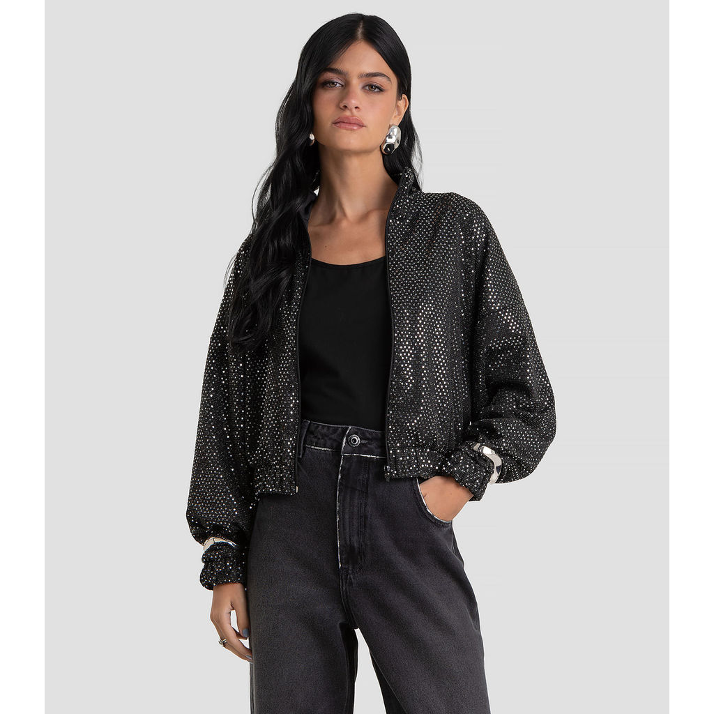 Jaqueta Feminina Lantejoula Glow Com Zíper Dianna Preto