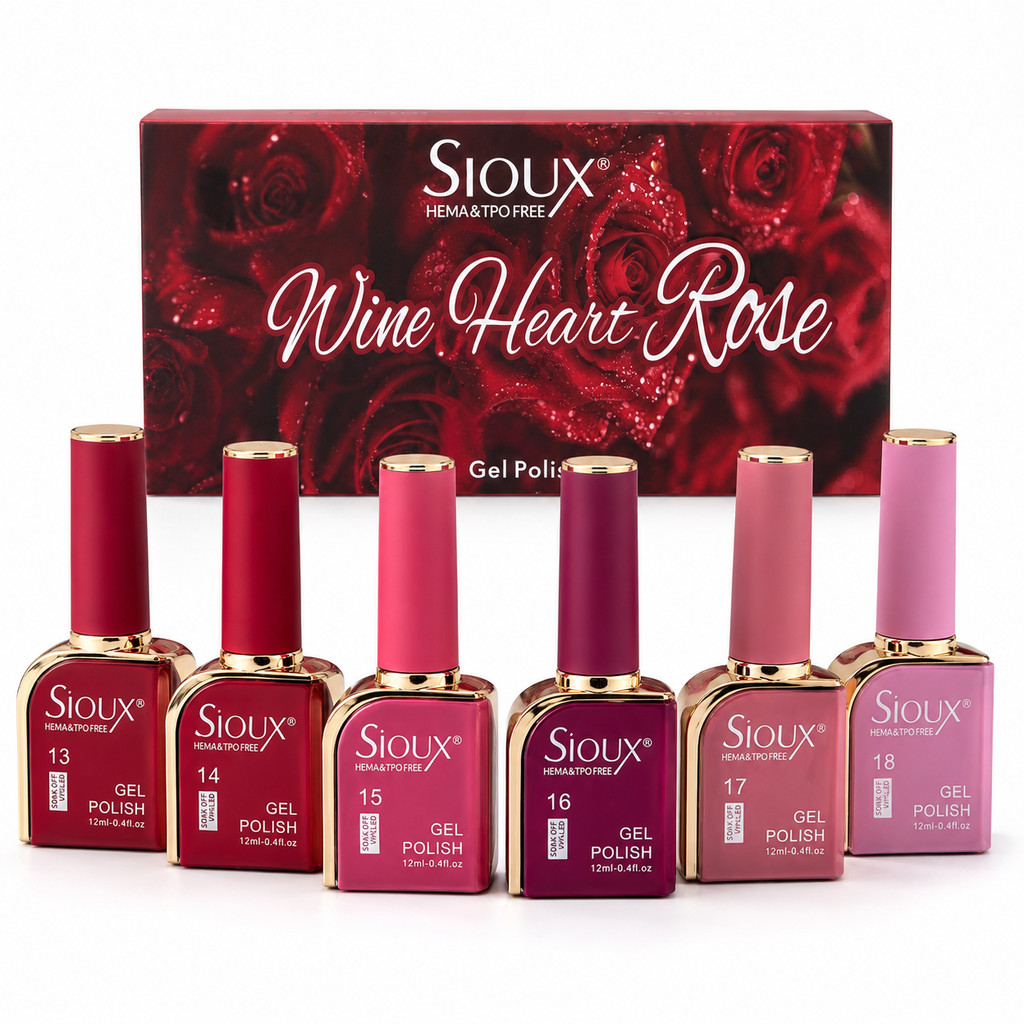 Sioux Kit 6 Esmaltes Gel UV Led Wine Heart Rose 12ml Coleção Rosas Premium Alta Cobertura Esmalte Gel UV Led