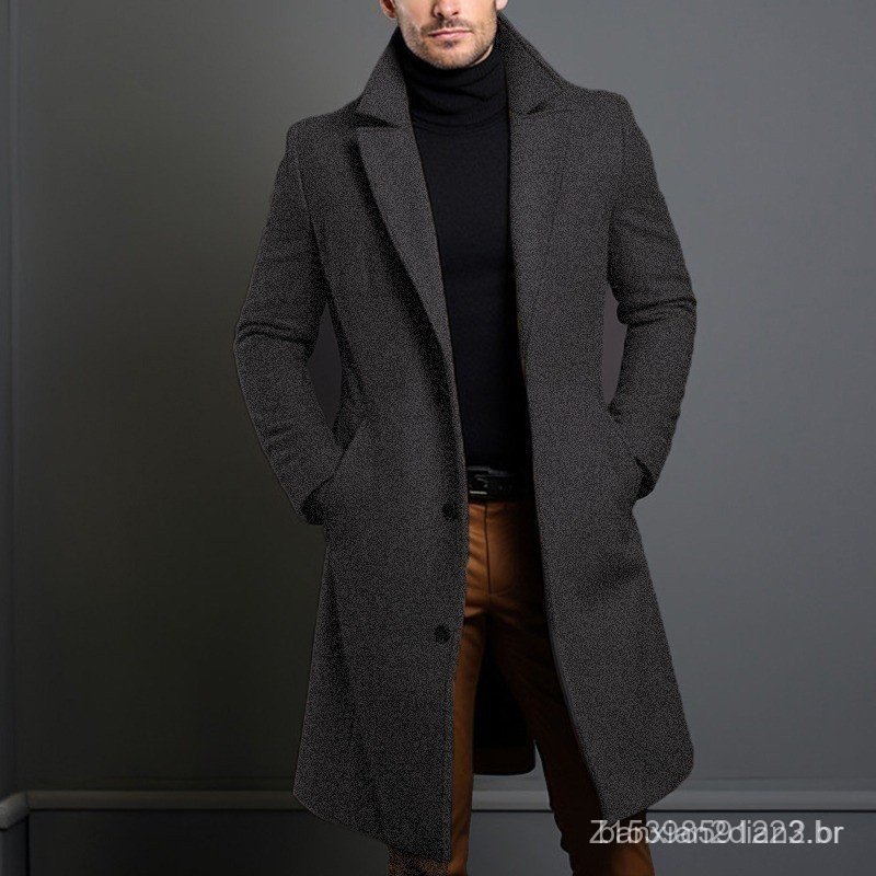 Casaco Longo De Lã De Cor Sólida Masculino Com design Trespassado .