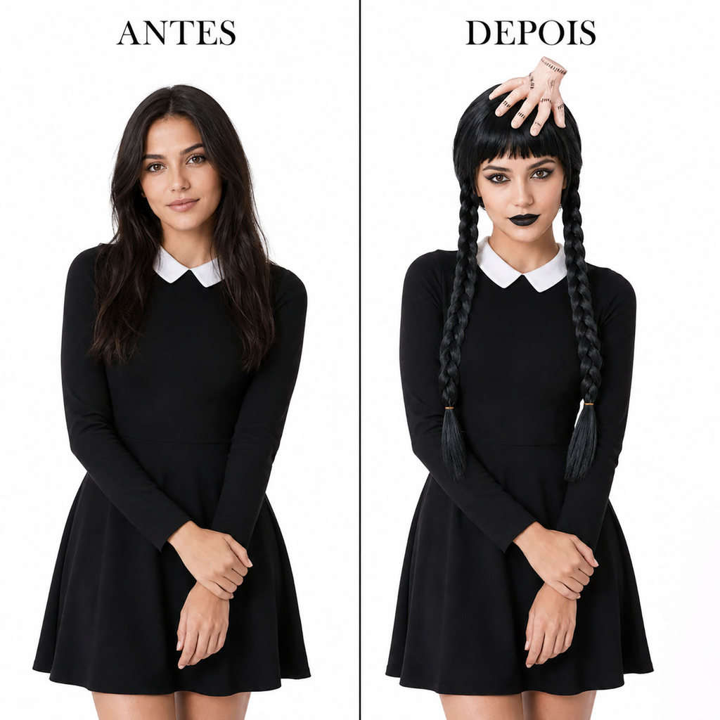 Kit Fantasia Wandinha 4 Peças Festa Halloween Cosplay: Peruca Trançada + Presilha Mãozinha + 2 Batons — imagem 2 de 2