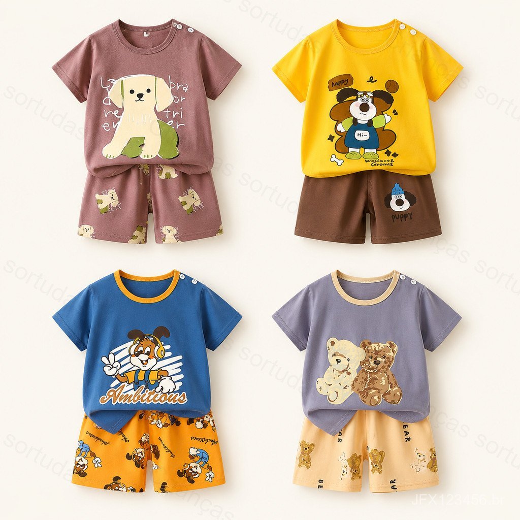 Conjunto de Camiseta de Manga Curta e Shorts para Crianças, Meninos e Meninas, 100% Algodão, Respirável, Estampa de Dese