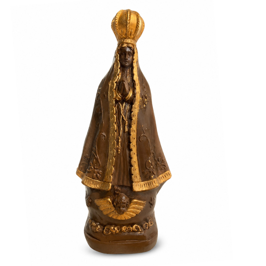 Nossa Senhora Aparecida Detalhe Marrom em Gesso 35cm Imagem Católica Religiosa Decorativa Altar Oratório e Decoração