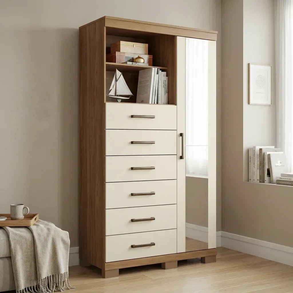 Cômoda Sapateira Multiuso 6 Gavetas 1 Porta com Espelho e Pés Marabá Jatobá/Areia Marrom/Jatoba Jatoba/Areia