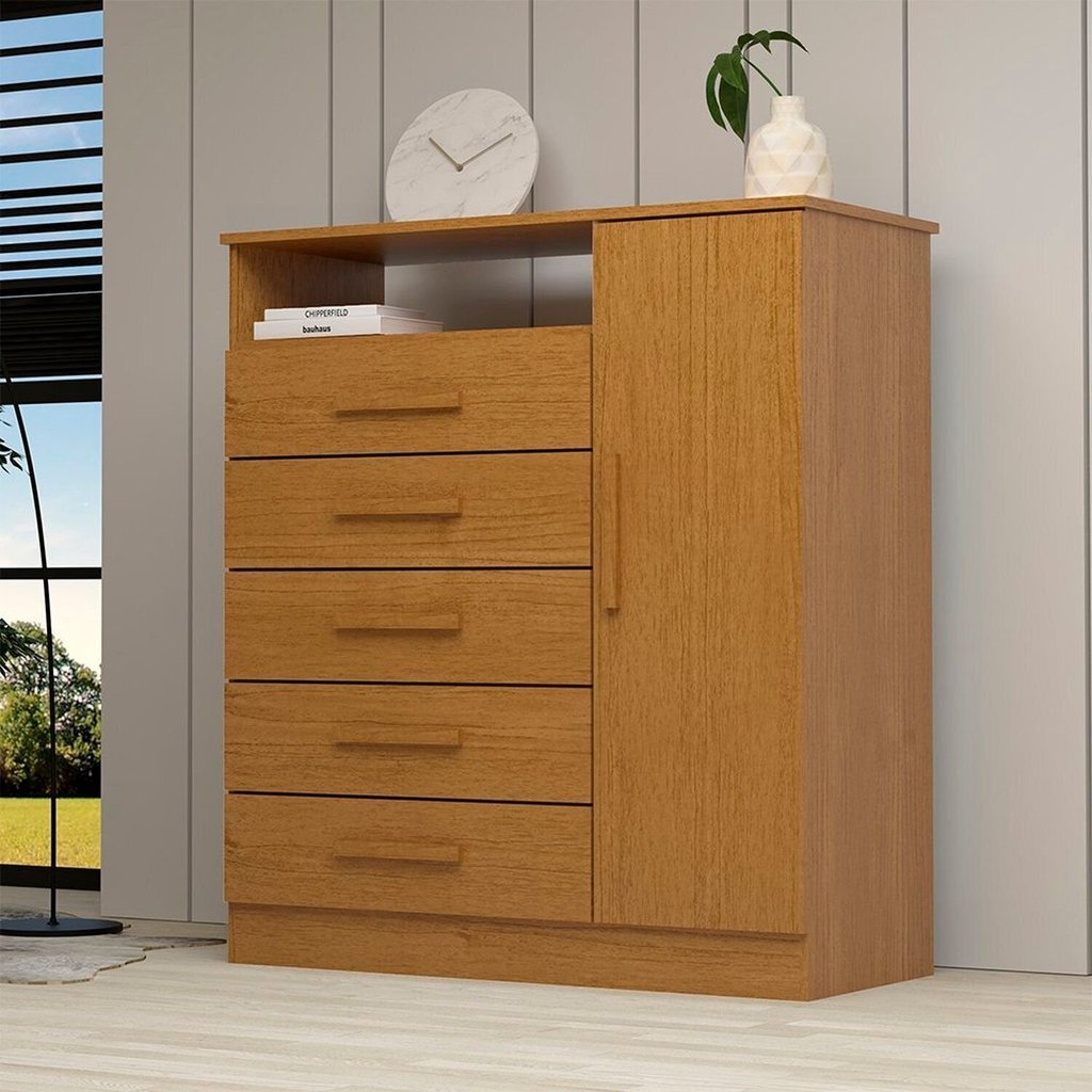 Cômoda 1 Porta 5 Gavetas 100% MDF 95cm Nemésia Espresso Móveis Marrom/Cinamomo Cinamomo