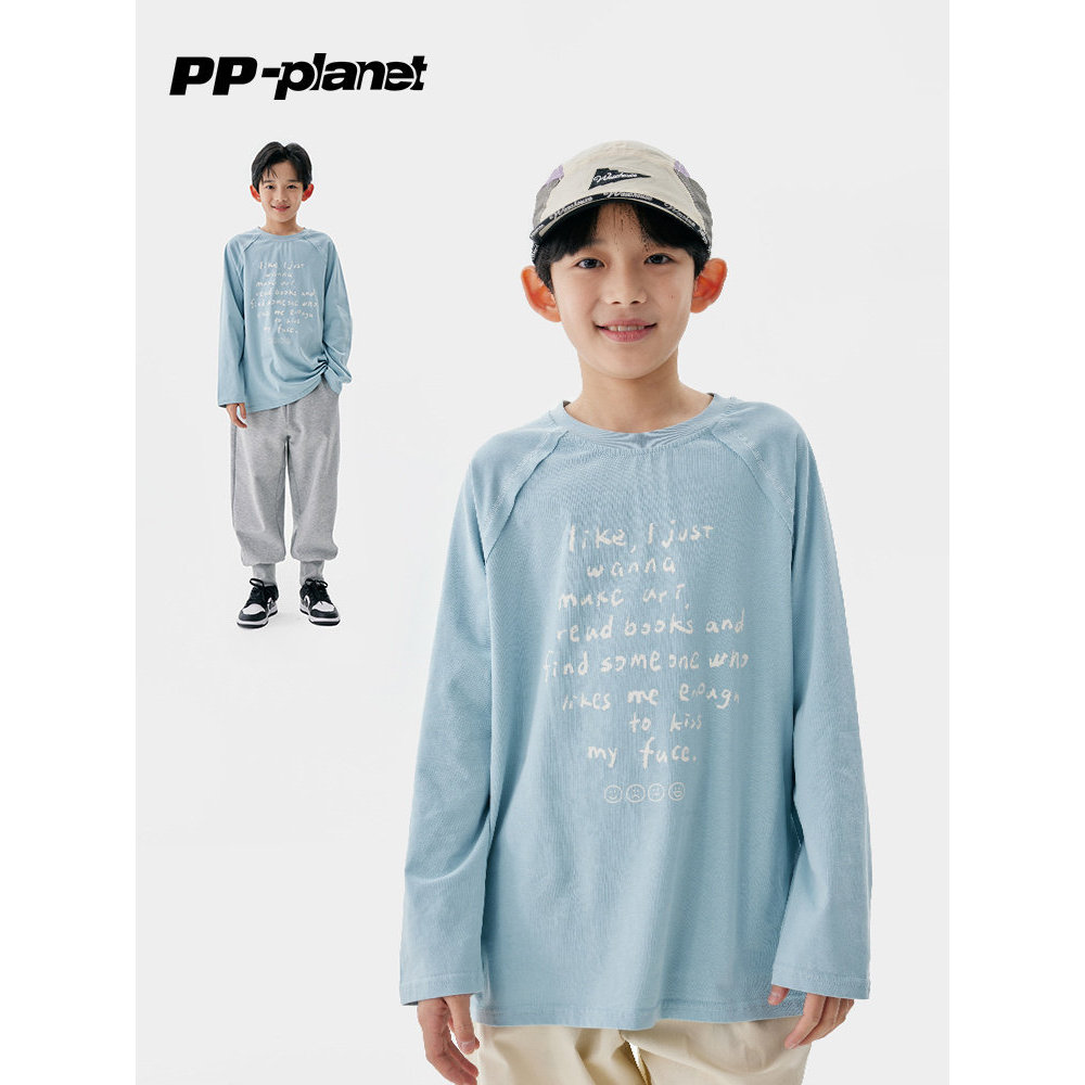 PP Planet Boys Primavera Outono Novo Estilo Em Torno Do Pescoço Carta Impressa Camiseta de Manga Comprida Crianças Camis