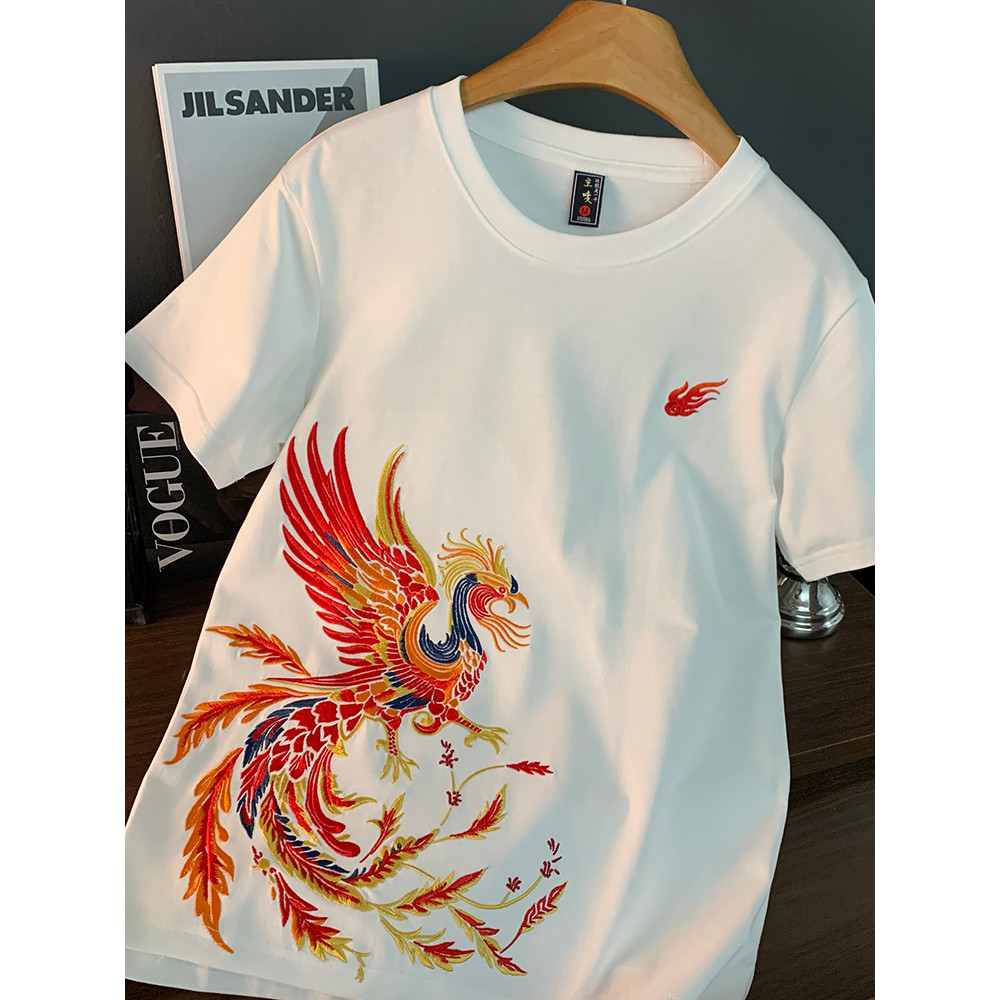 Tecido importado puro algodão meia manga nacional na moda ins Phoenix bordado estilo chinês camiseta masculina na moda 2