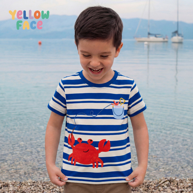 Camiseta infantil com gola redonda, verão novo estilo meninos camiseta de manga curta bordado de caranguejo