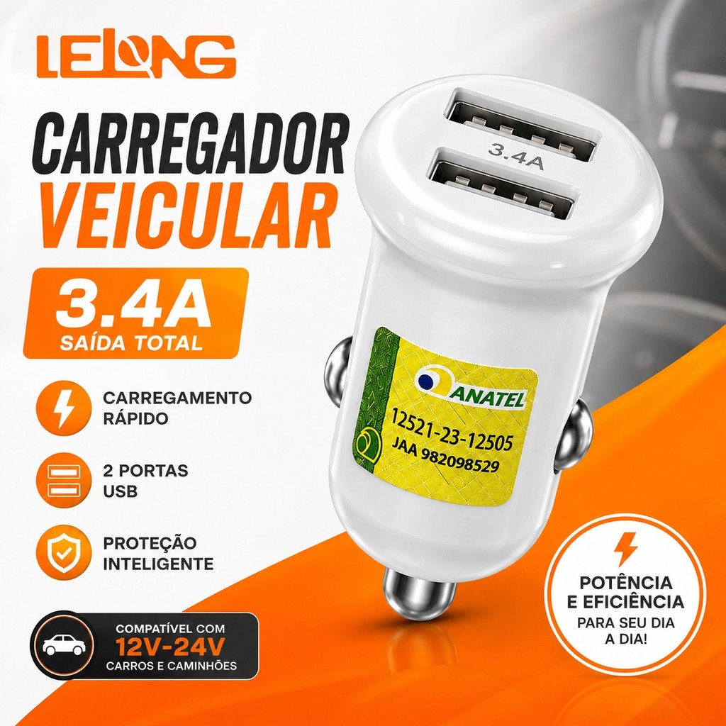 Carregador Veicular Lelong 3.4A USB para Celular Smartphone Carro Carga Rápida