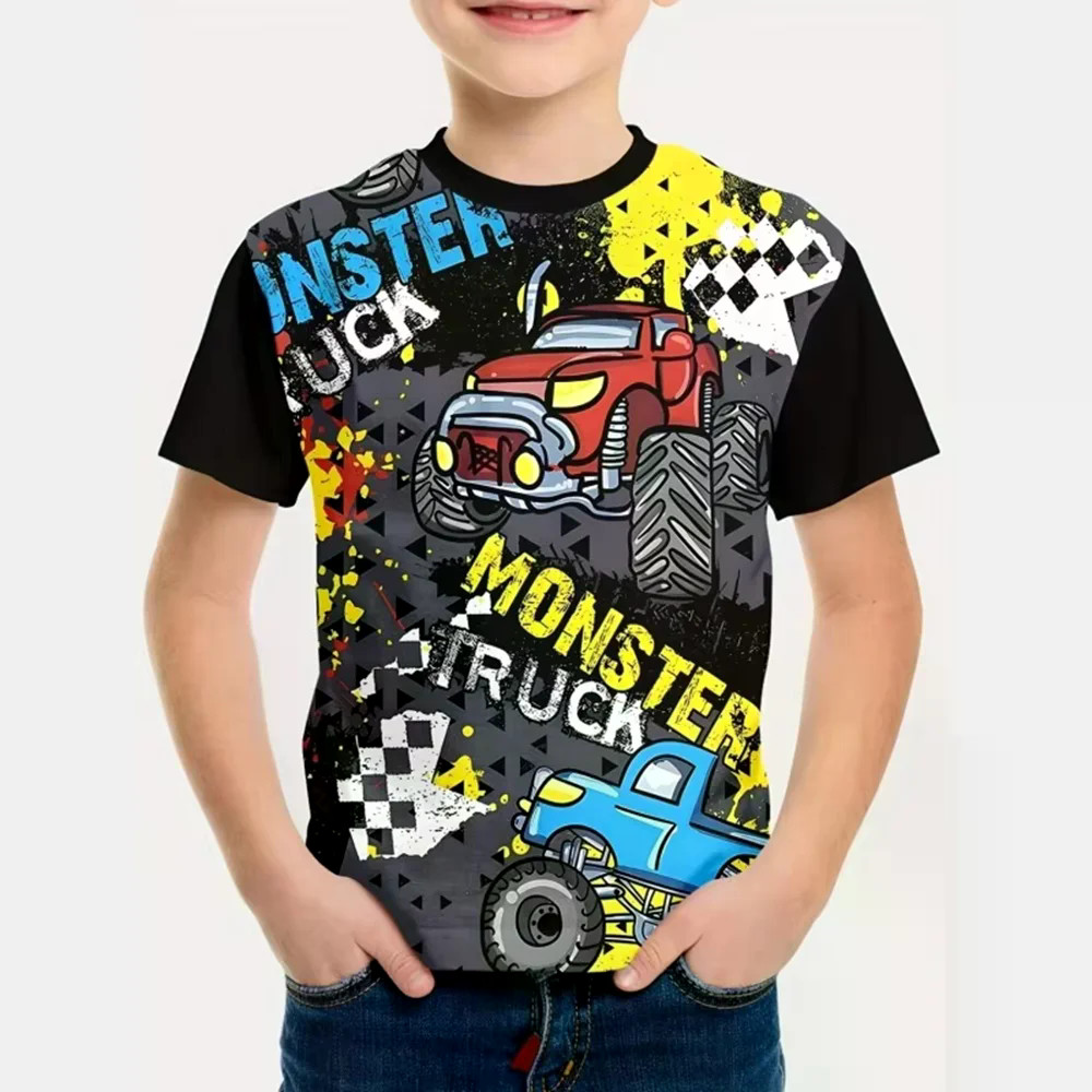 Impressão 3D Dos Desenhos Animados Grande-Roda Carro Camiseta Para Meninos Amante Do Ao Ar Livre Crianças Roupas Verão M