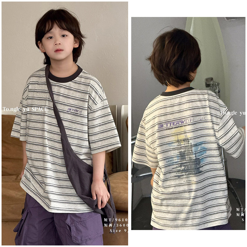 Crianças feliz peixe roupas infantis dos desenhos animados listrado camiseta de manga curta 26 verão novos produtos meni
