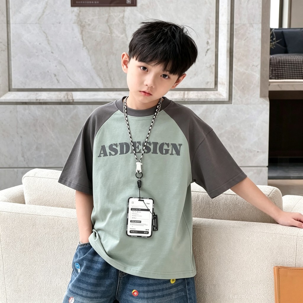 Meninos de manga curta puro algodão camiseta 2026 novo estilo crianças verão camiseta médio grande meninos meninos contr