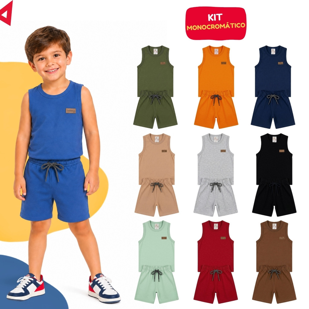 Kit Monocromático 10 Peças Roupa Infantil Menino Conjunto Regata Verão Masculino