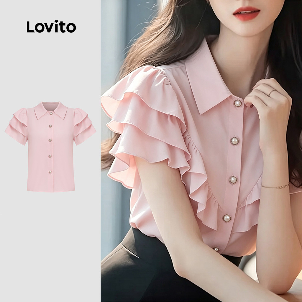 Lovito Elegante Blusa com Babados para Primavera/verão Blusa Rosa Claro para Mulheres L166AD043