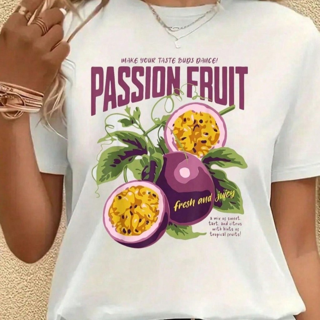 Camiseta Feminina Casual Estampada 100% Algodão Gola Redonda Tecido Macio Leve Confortável Moda Modelo: Passion Fruit