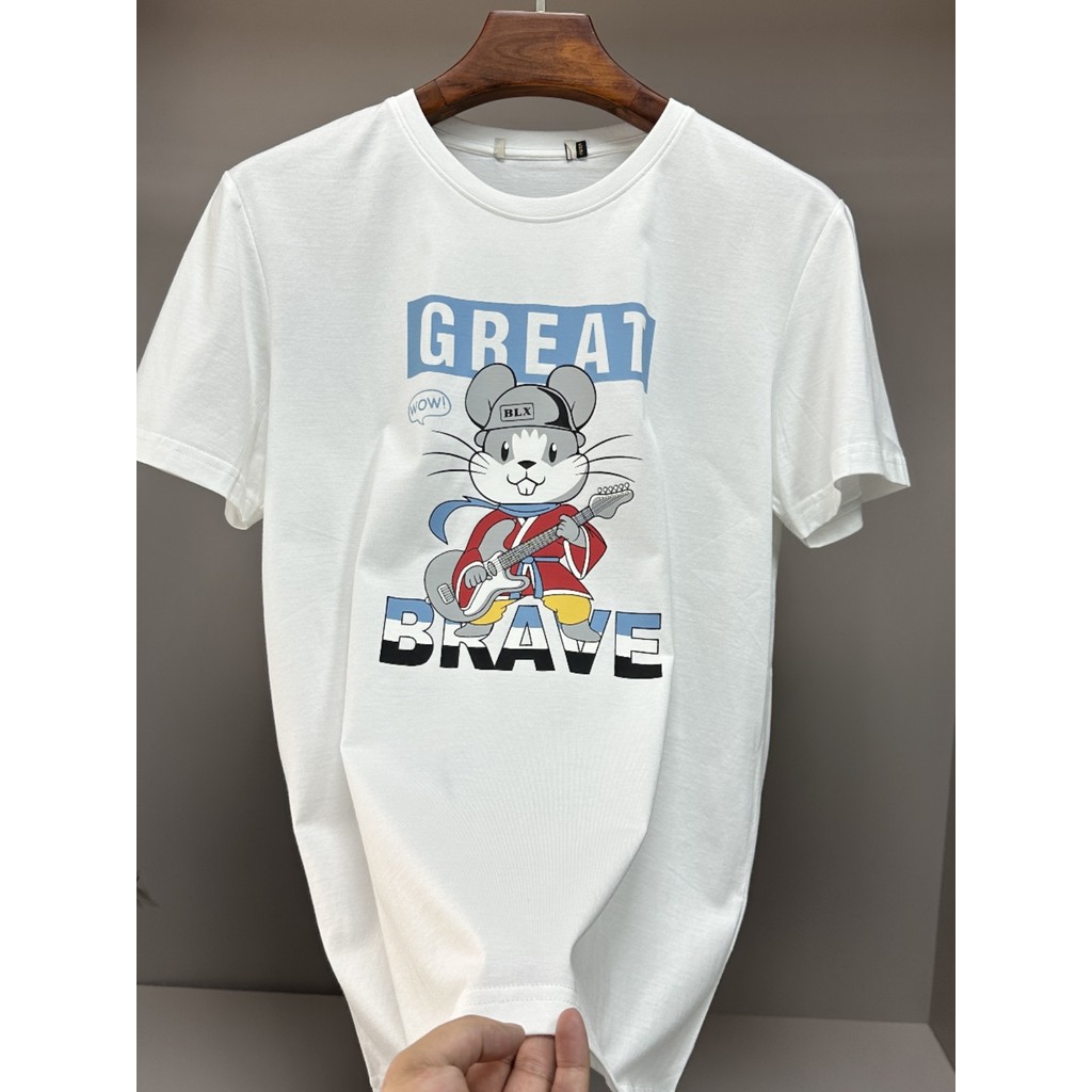 Marca recorte etiqueta masculina branca em torno do pescoço camiseta verão confortável respirável personagem dos desenho