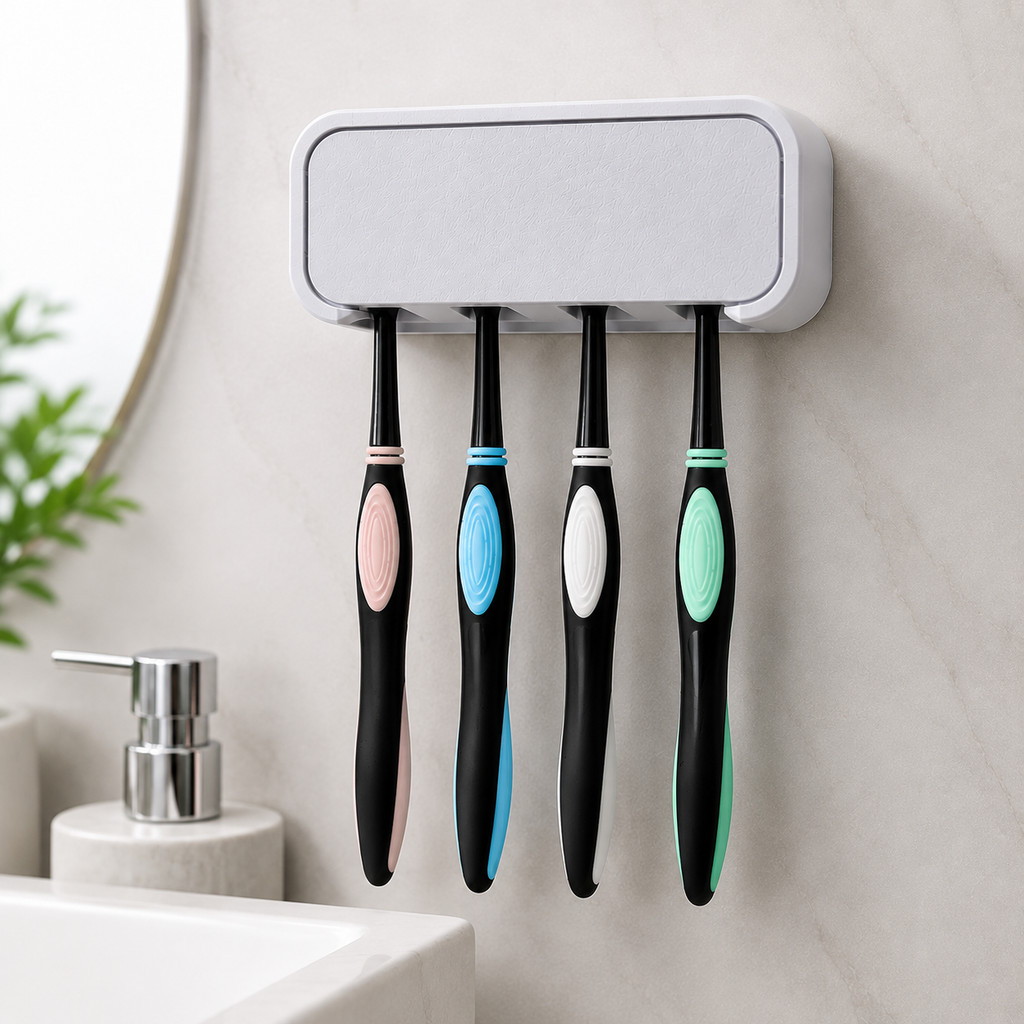 Porta Escova de Dente Parede Suporte Para 4 Escovas Banheiro Sem Furo Fita Dupla Face Organizador Higiene Bucal