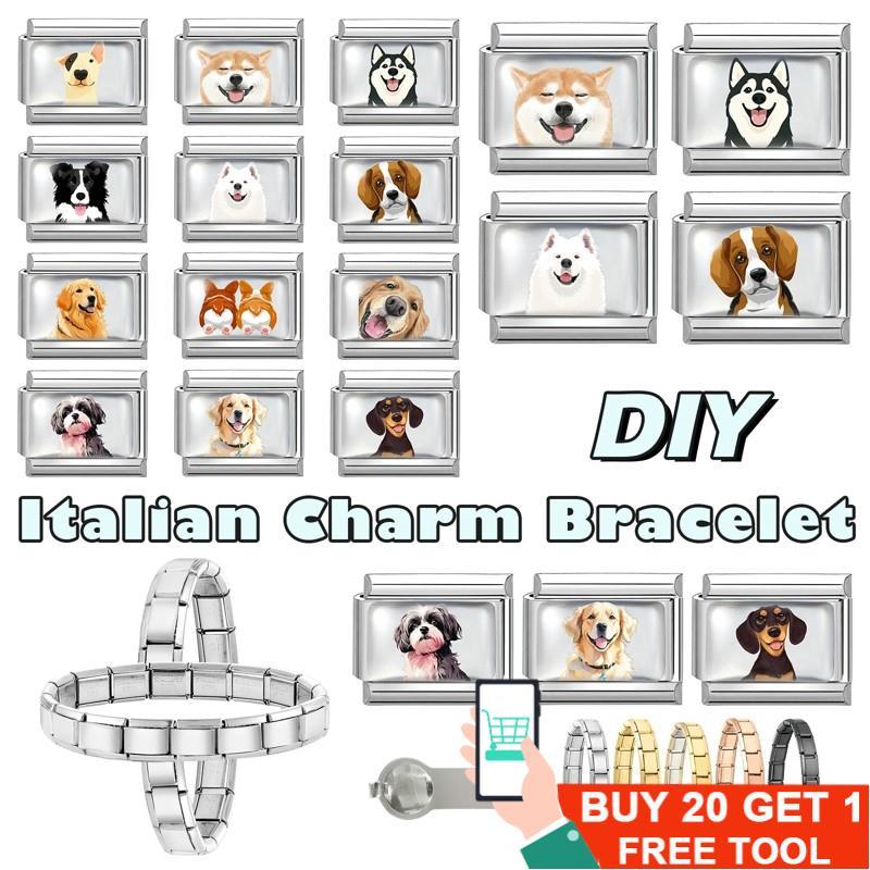 Gato Dos Desenhos Animados Teddy Shiba Inu Italiano Charme Links Caber 9mm Pulseira De Aço Inoxidável DIY Jóias Fazendo