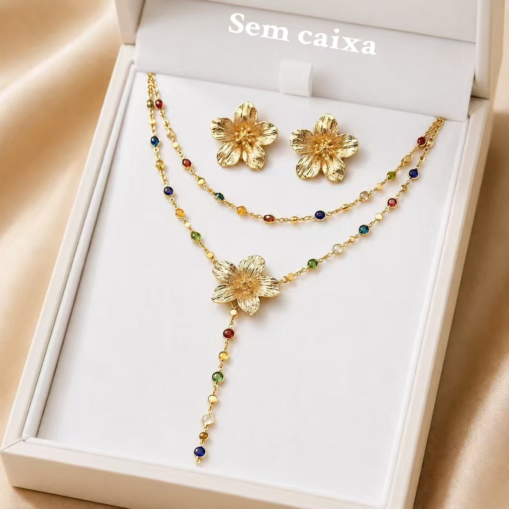 Conjunto Colar e Brincos Floral Camadas Banhado Ouro Pingente Longo Zircônias Coloridas Ideal Festa Ocasião Especial