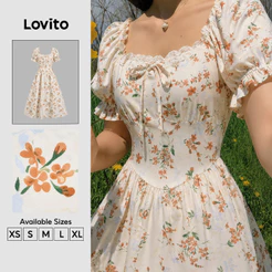 Lovito Vestido Elegante com Babados No Decote e Amarração Vestido de para Mulheres Bordado DRK8P1D622