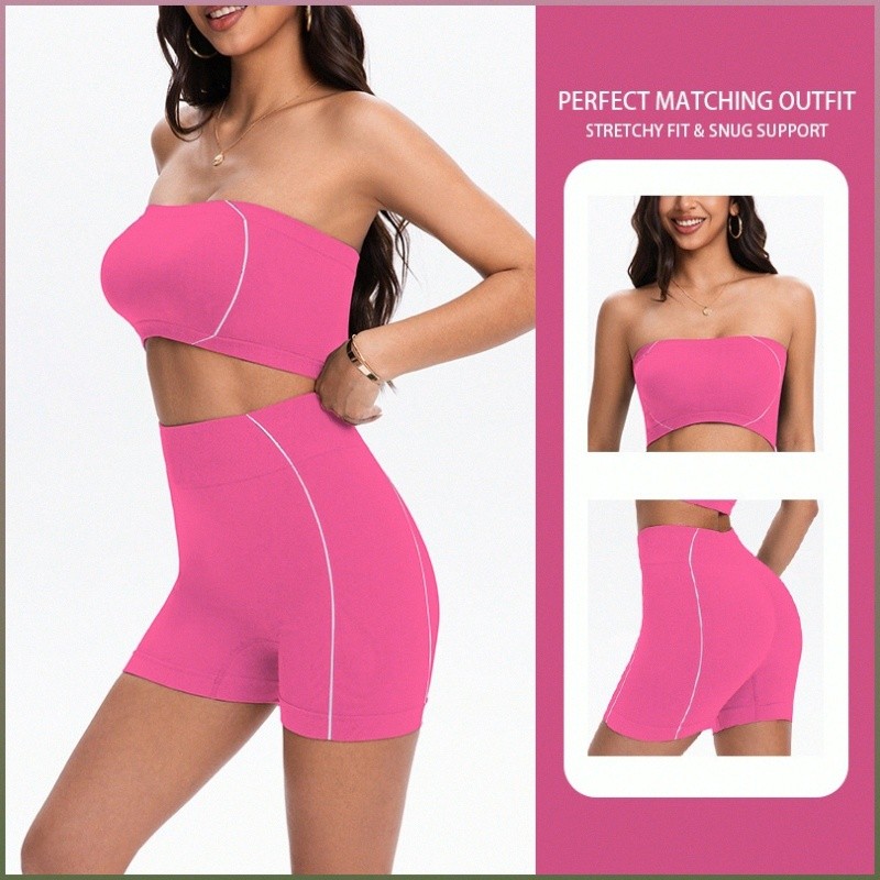 Conjunto de ginástica feminino  com top tomara que caia sem costura e shorts modeladores de cintura alta. 2 peças.