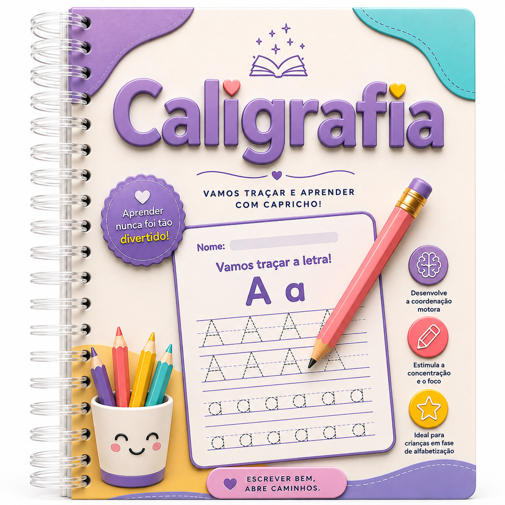 Caderno de Caligrafia Infantil A4 155 Páginas para Alfabetização Letra Cursiva e Bastão Espiral