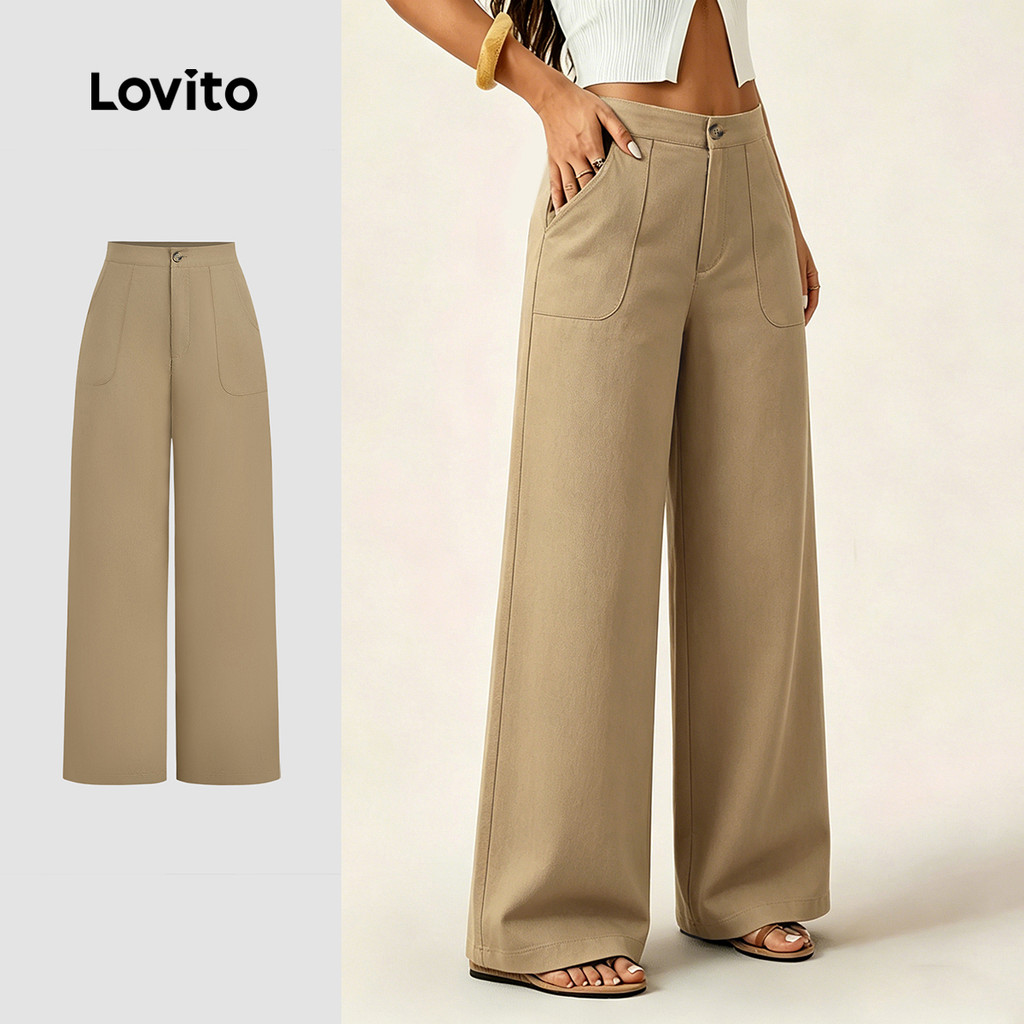 (New Arrival) Lovito Calças Elegantes com Bolso e Zíper Na Primavera/verão Calças Cáqui para Mulheres LBL37024