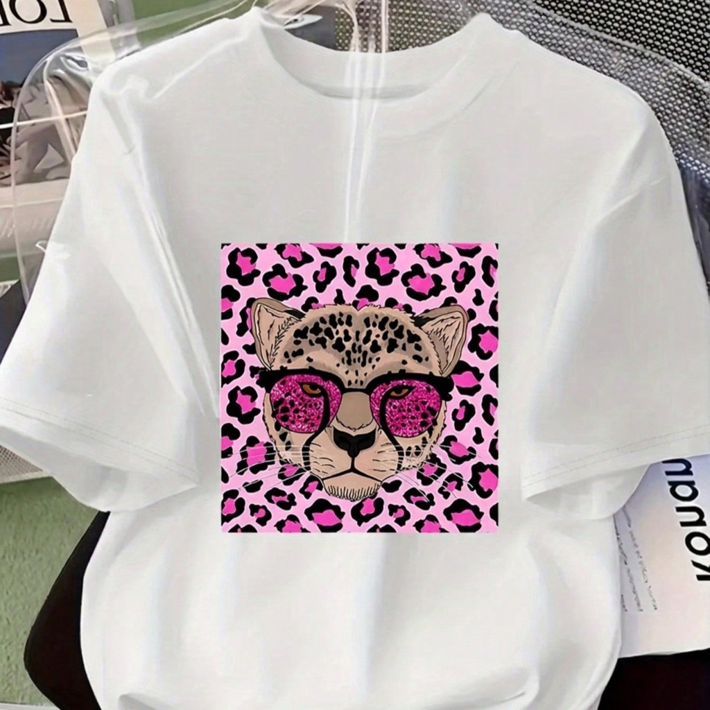 Camiseta Feminina Estampada Rosa Leopardo Onça Camisa Casual Lançamento Estilo  Algodão
