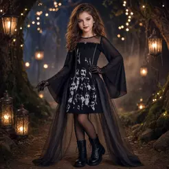 Fantasia Bruxa Halloween Infantil Vestido Longo e Moderno com Caveiras