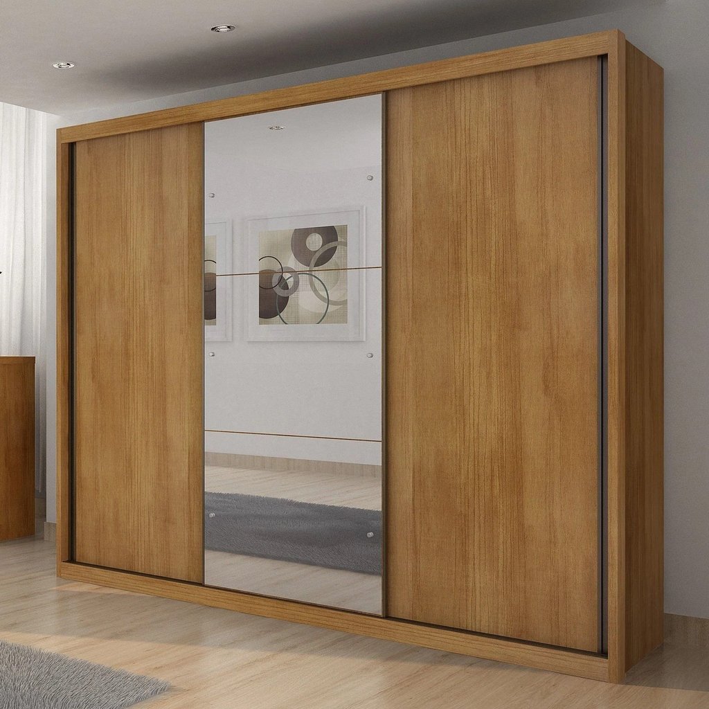 Guarda-Roupa Casal com Espelho 100% MDF 3 Portas de Correr 6 Gavetas Marrom Cumaru Vegas Cumaru