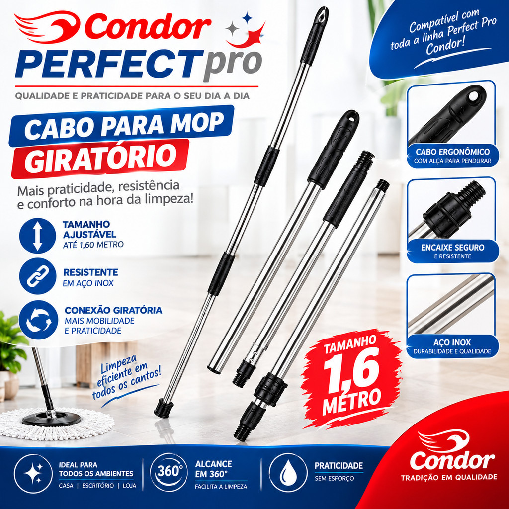 Cabo para Mop Giratório 1,60m Perfect Pro 360 Move Esfregão em Aço Inox