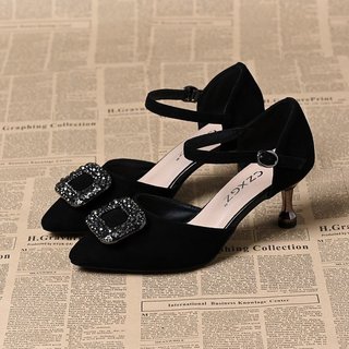 Sapatos femininos Stiletto apontou Toe salto alto feminino strass fivela cinta salto médio