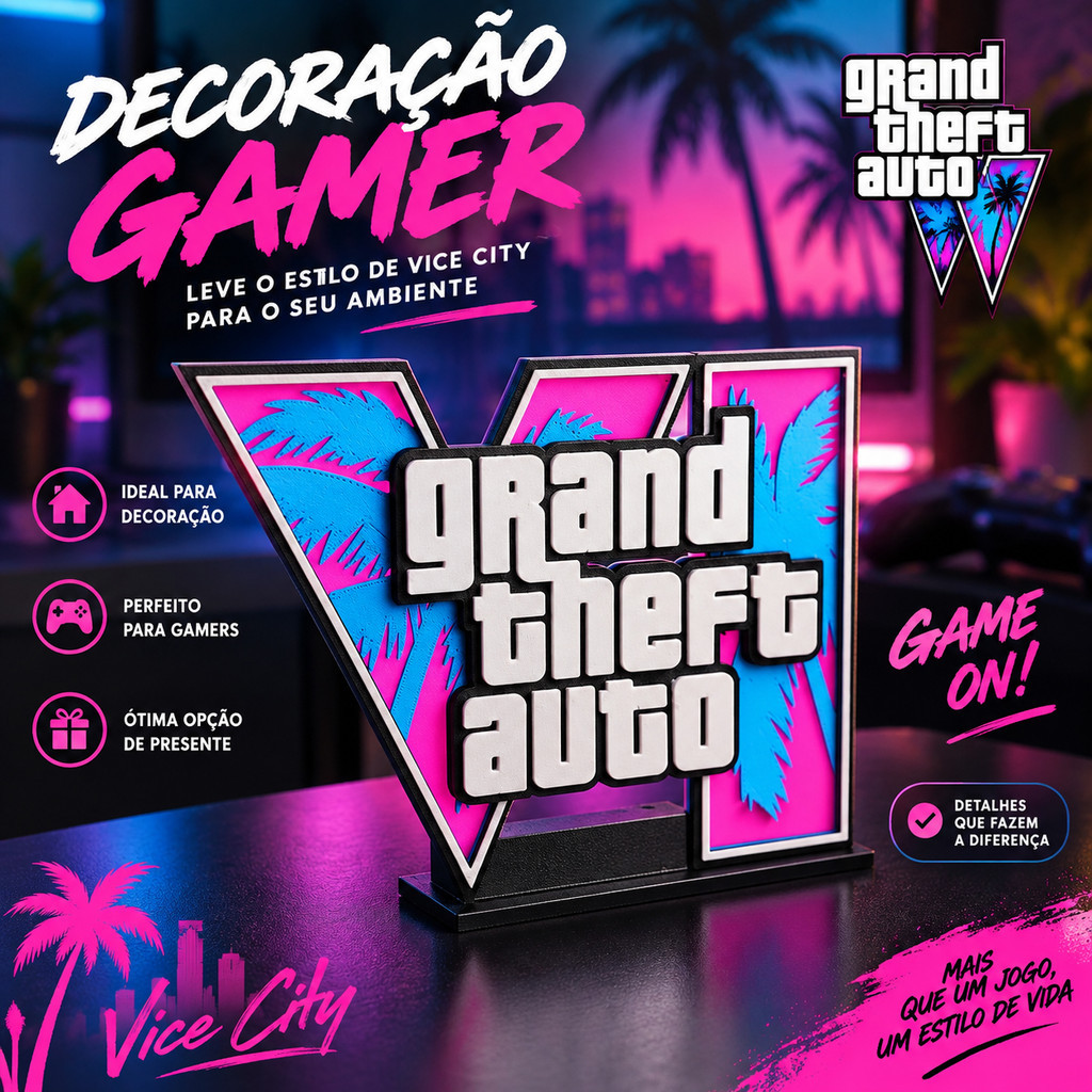 Letreiro Placa Decorativa GTA VI Gamer Luminoso ao receber luz 11cm Setup Quarto Decoração Geek