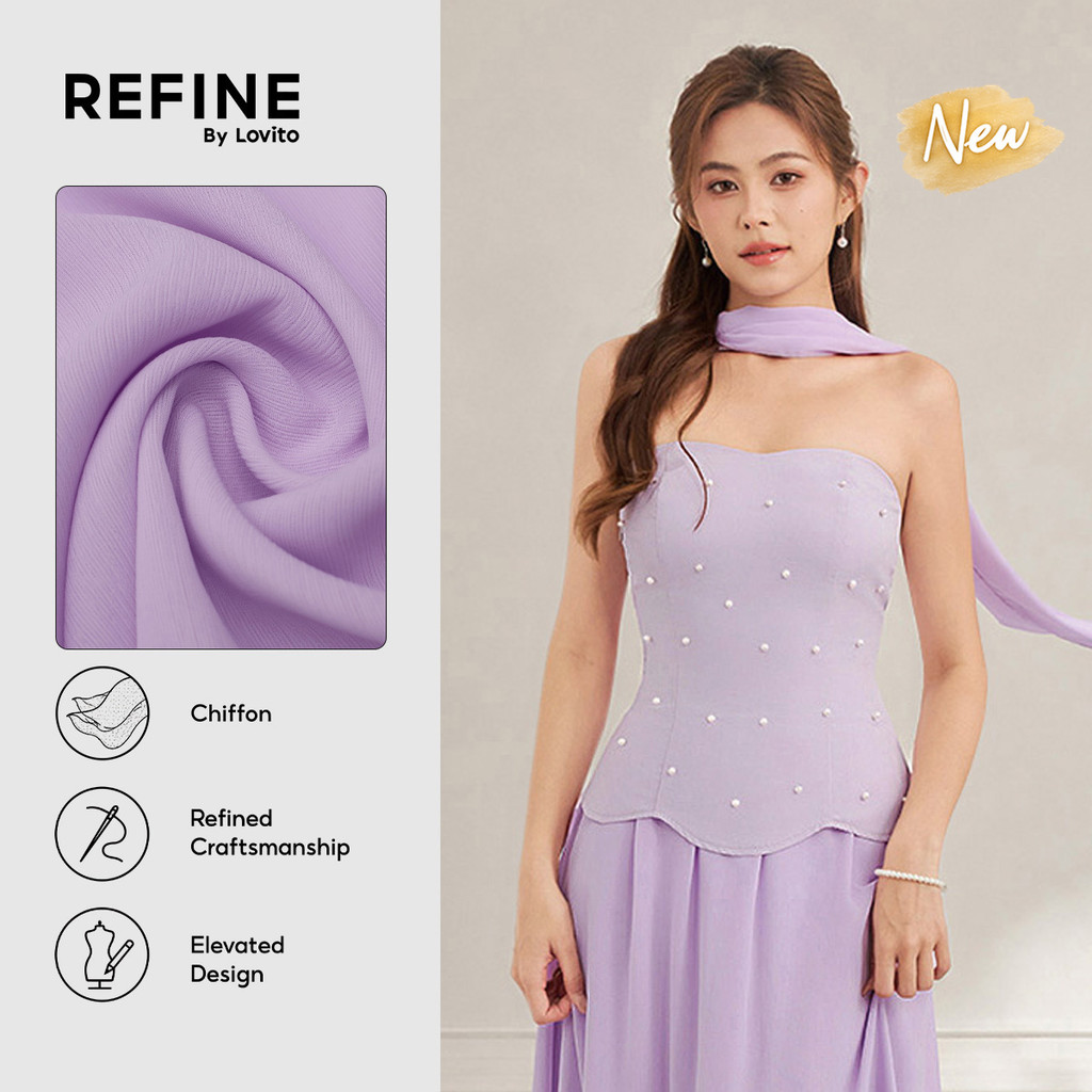 (New Arrival) (Refine by Lovito) Vestido Longo Roxo Com Pérolas Costura Em Tecido E Fita Para Ocasiões Formais E Eventos Noturnos Para Mulheres DRR44P1D116