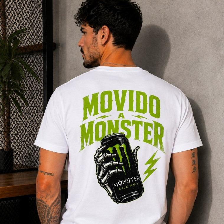 Camiseta Movido a Monster Masculina 100% Algodão Casual Dia A Dia Trabalho Escola Academia Streetwear Moda Diária Treino