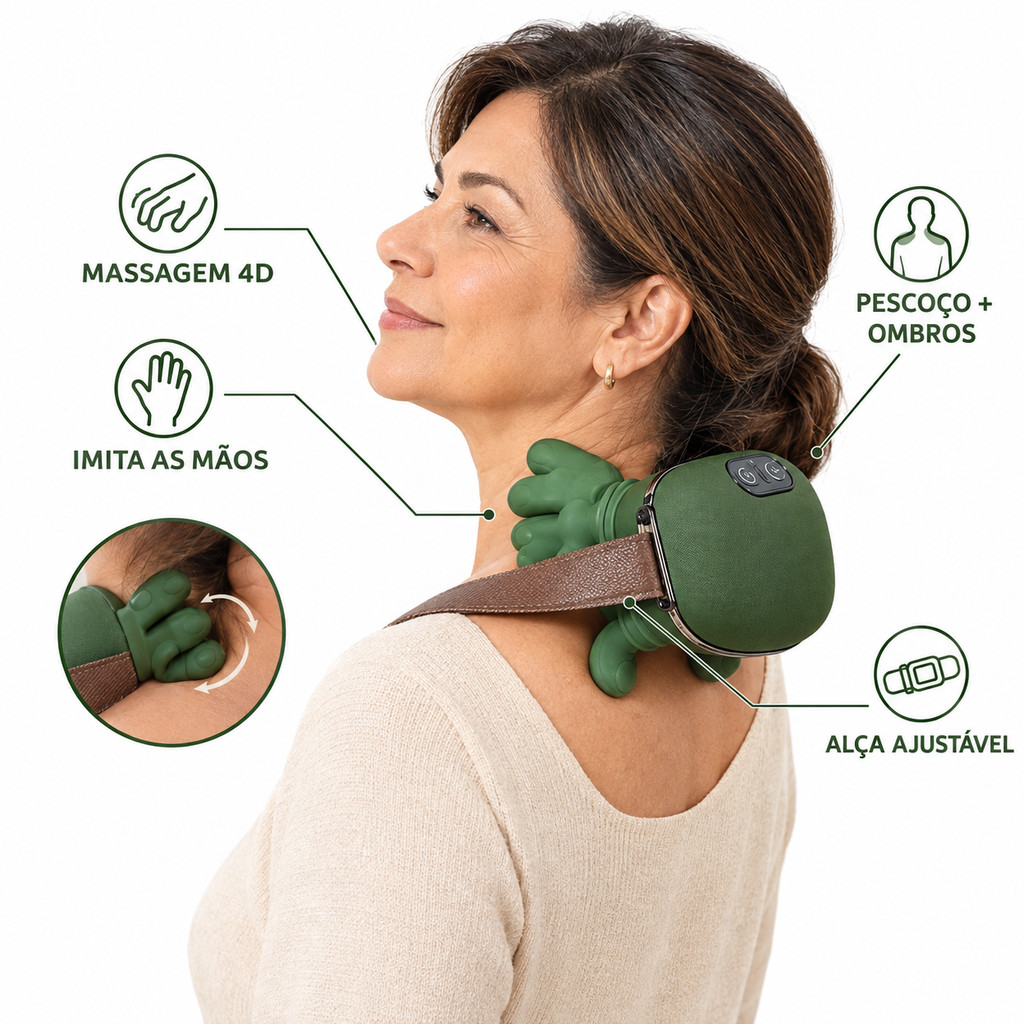 Massageador Elétrico de Pescoço, Design Inspirado em Mãos, 3 Intensidades, Calor e Luz Vermelha