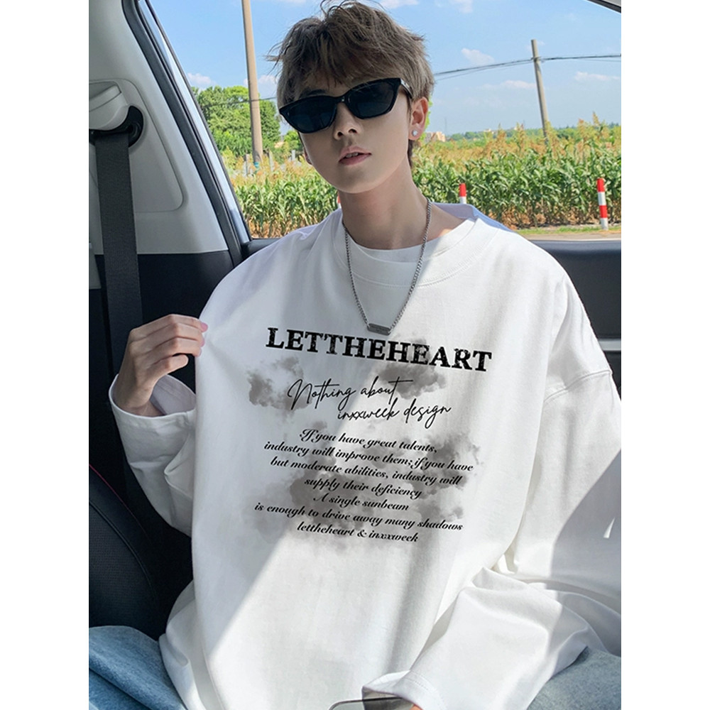 Camiseta masculina de manga comprida de algodão puro americano primavera outono 2026 novo estilo Street Wear camisa de f