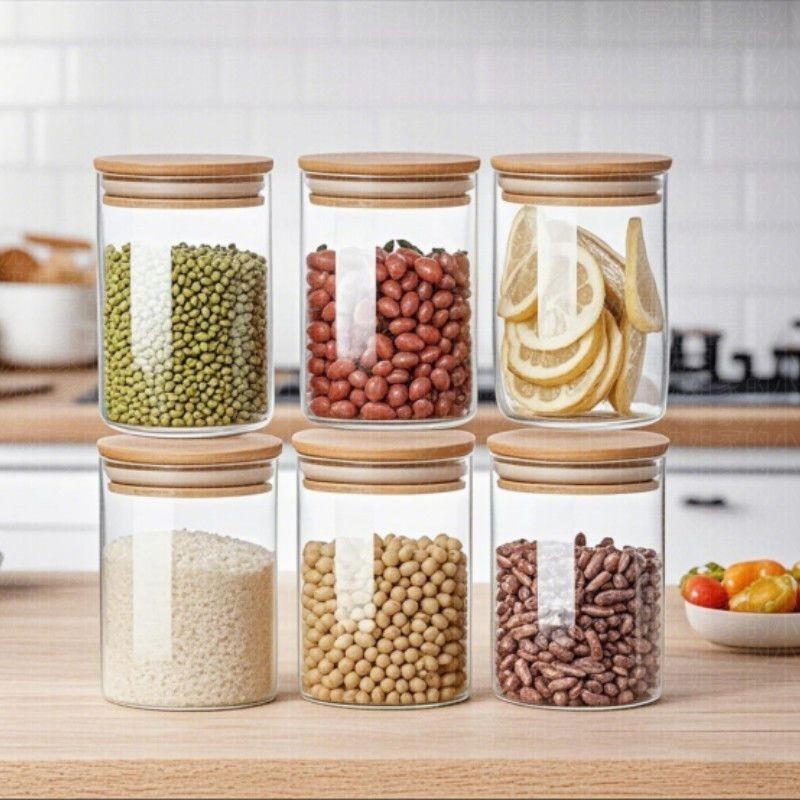 Conjunto 3/6/9/12 Potes de Vidro com Tampa de Bambu 200ml Hermético para Temperos e Alimentos Vedação