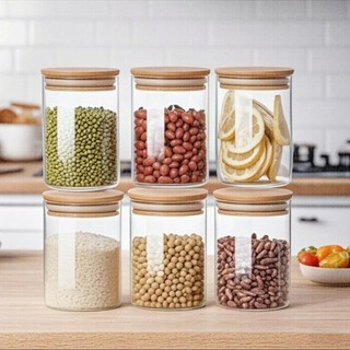 Conjunto 3/6/9/12 Potes de Vidro com Tampa de Bambu 200ml Hermético para Temperos e Alimentos Vedação