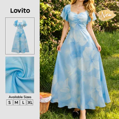 (New Arrival) Lovito Vestido Azul Feminino Boho Floral Longo Plissado Com zíper Corte a primavera/verão Fim De semana/férias DRB39BR157