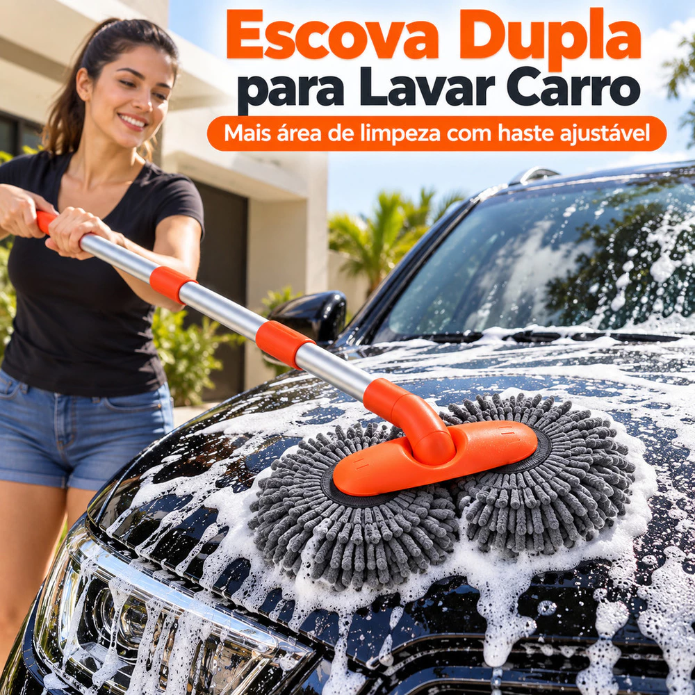 Escova Lava Carro Telescópica Chenille Cabeça Dupla 30cm Cabo Ajustável 50-115cm SUV Caminhonete