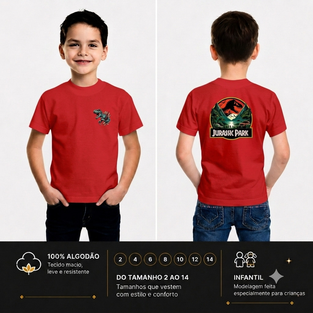Camiseta Infantil Dinossauro Menino Estampa Frente e Costas Jurassic Park Roupa Infantil Camiseta Dino Algodão