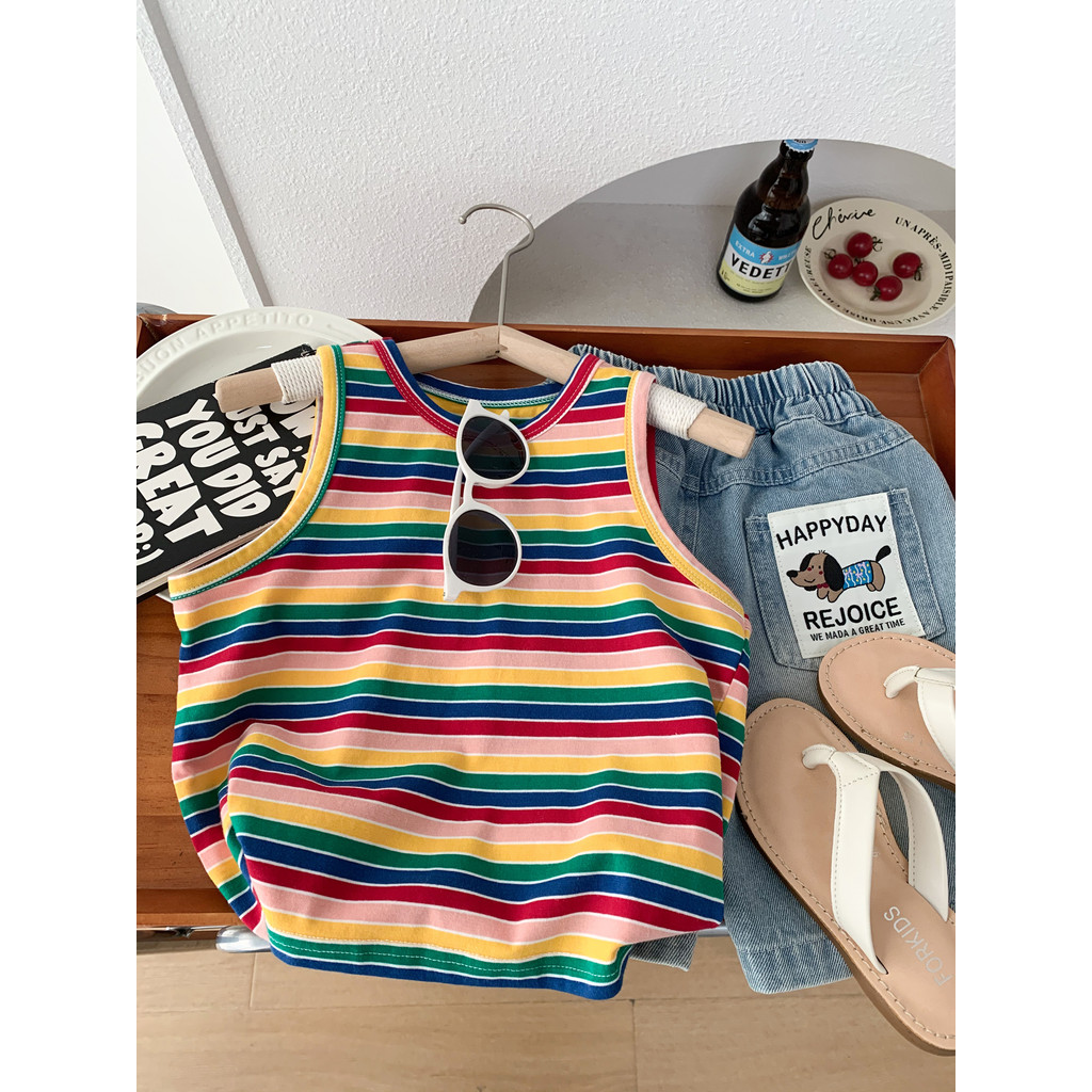 Meninos meninas colorido listrado colete camiseta 2026 verão novo estilo crianças sem mangas estilingue roupa interior e