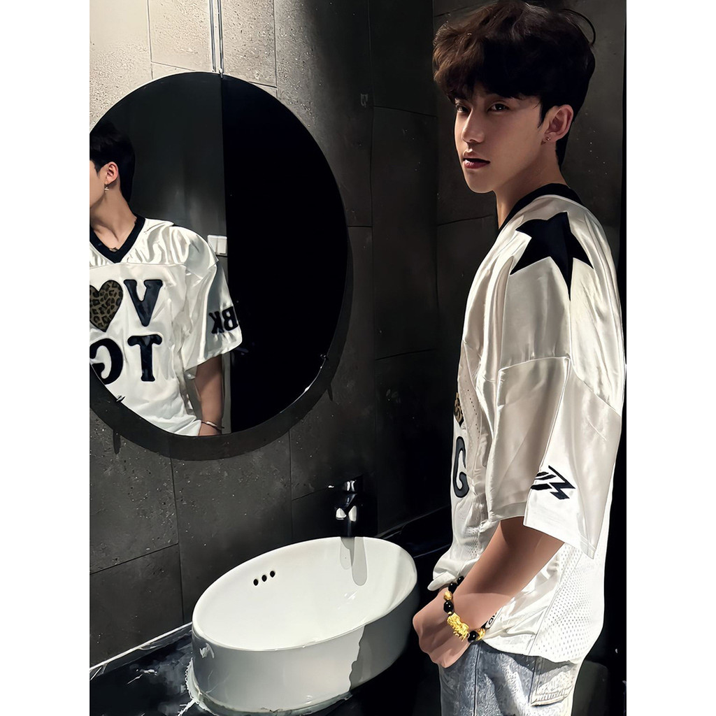 American High Street com decote em v camisa esportiva de manga curta masculina verão leopardo impressão coração carta im