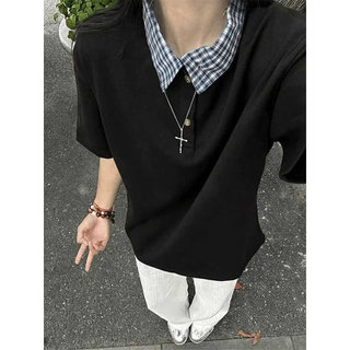 Camisa Polo falsa americana de duas peças masculina verão High-End Design moderno lapela xadrez costura camiseta de mang