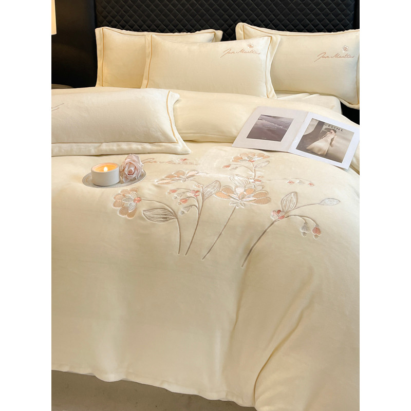 Inverno leite velo conjunto de quatro peças engrossado dupla face flanela lençol estilo bordado colcha capa Cor