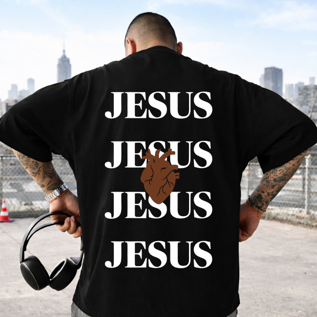 Camiseta Masculina Oversized Jesus Estampa Costas Streetwear Religiosa Algodão Premium