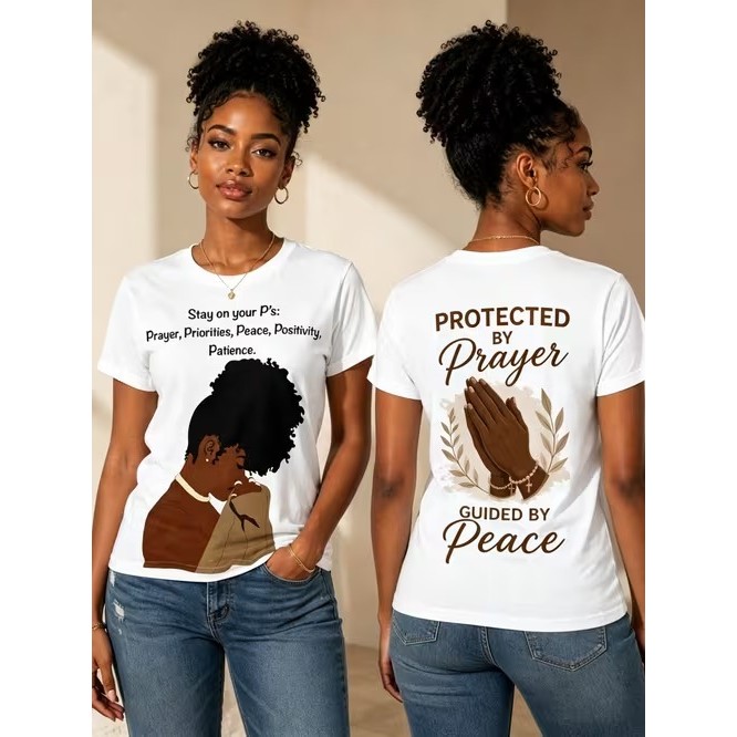 Camiseta Feminina Confortável Linda Moderna Estilosa Estampada de Fé Paz para Moda Casual Tendência Verão