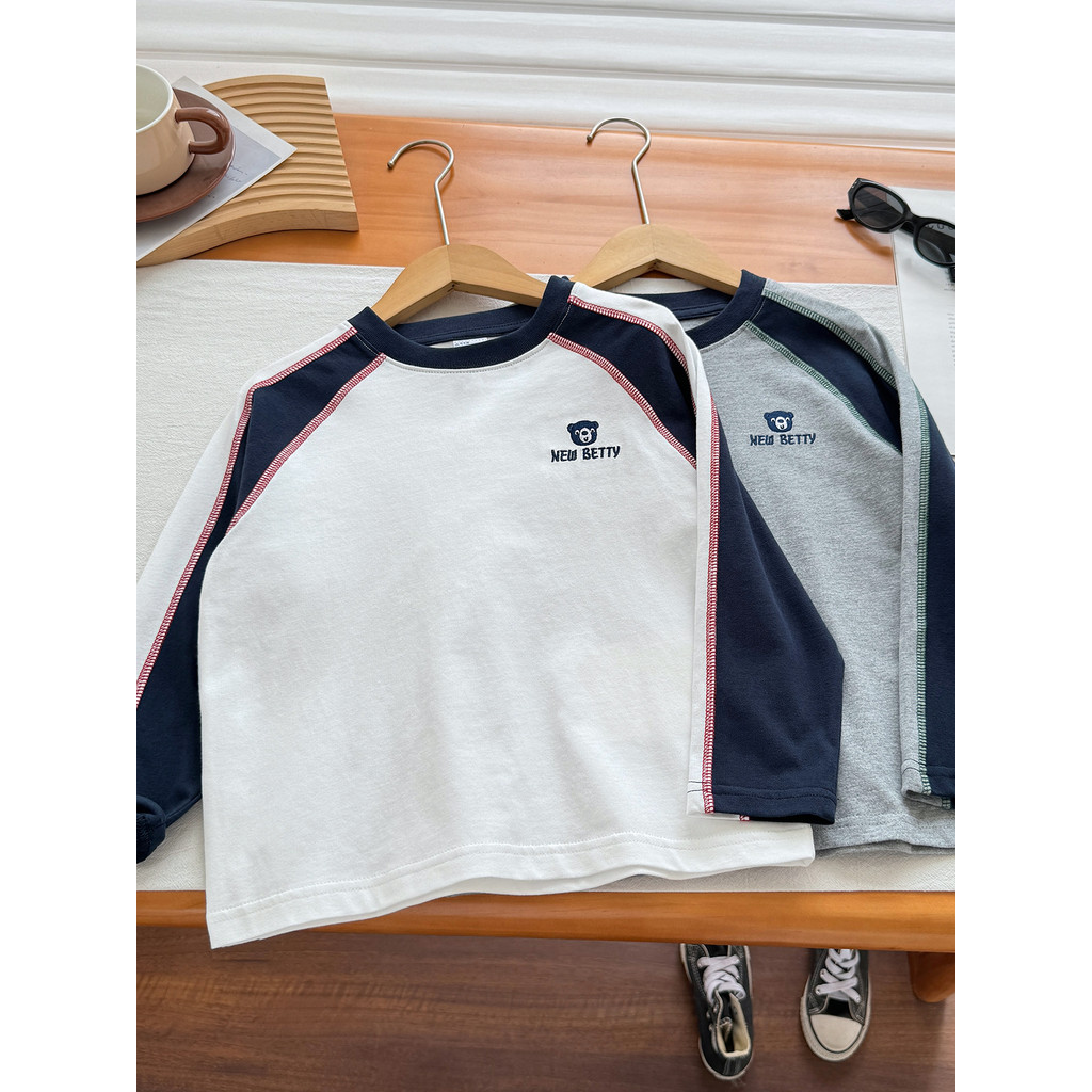 Meninos de manga comprida camiseta puro algodão outono crianças bonito moda cor-bloqueando camisa de fundo primavera out