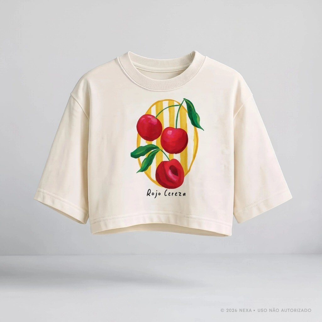 Cropped Feminino Oversized Cereja Estampado Algodão Blusa Tropical Verão Praia Férias Viagem Casual Soltinha Confortável